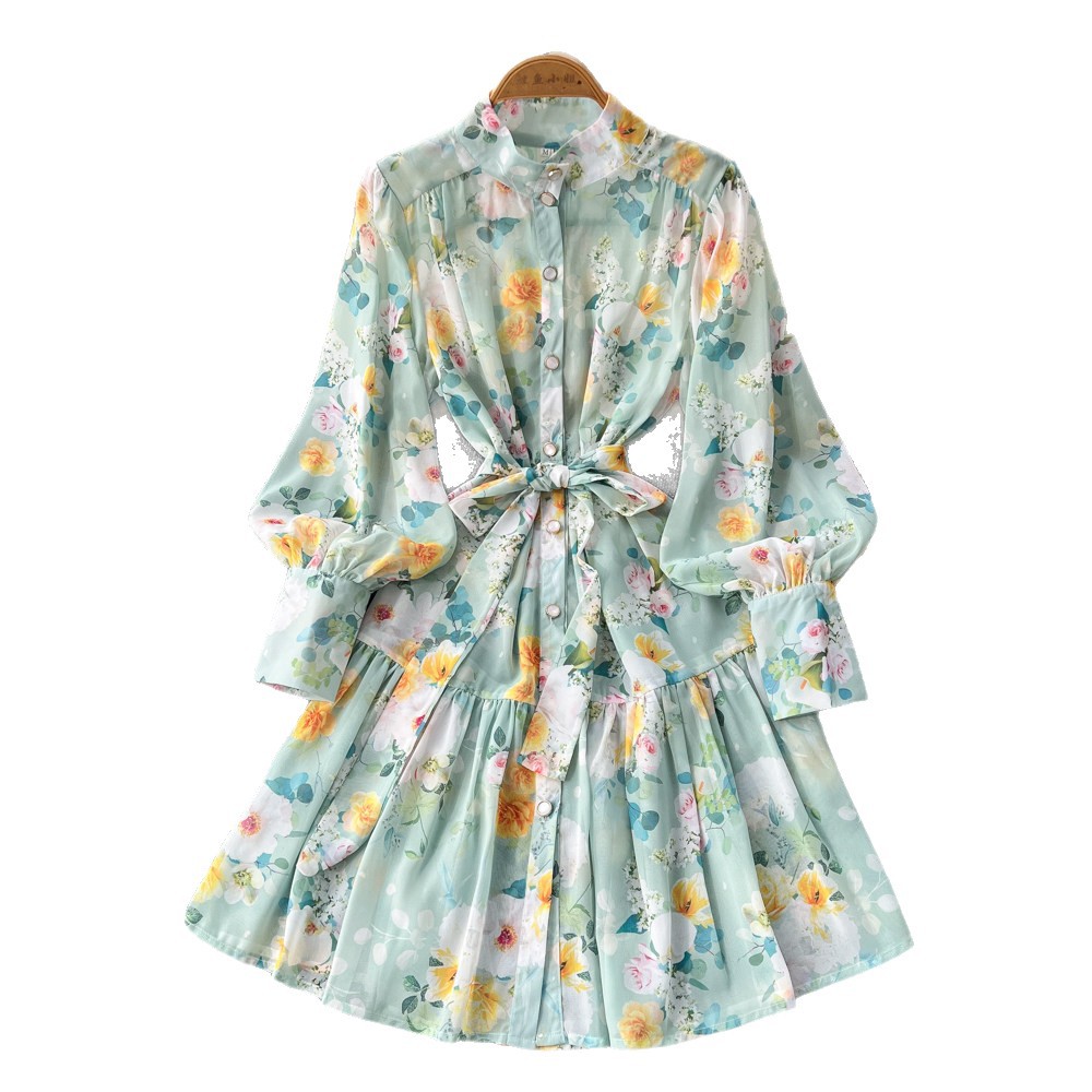 French Style Stand Collar Lantern Sleeve Floral Dress for Women Summer Slim Fit Ruffled Hem A Line Wholesale
