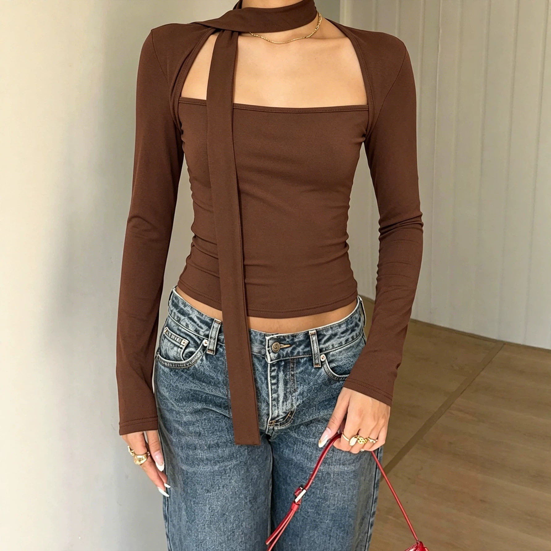 American Style Long Sleeve Crop Top Square Neck Slim Fit Adjustable Tie Soft Fabric Casual Wear for Women OEM