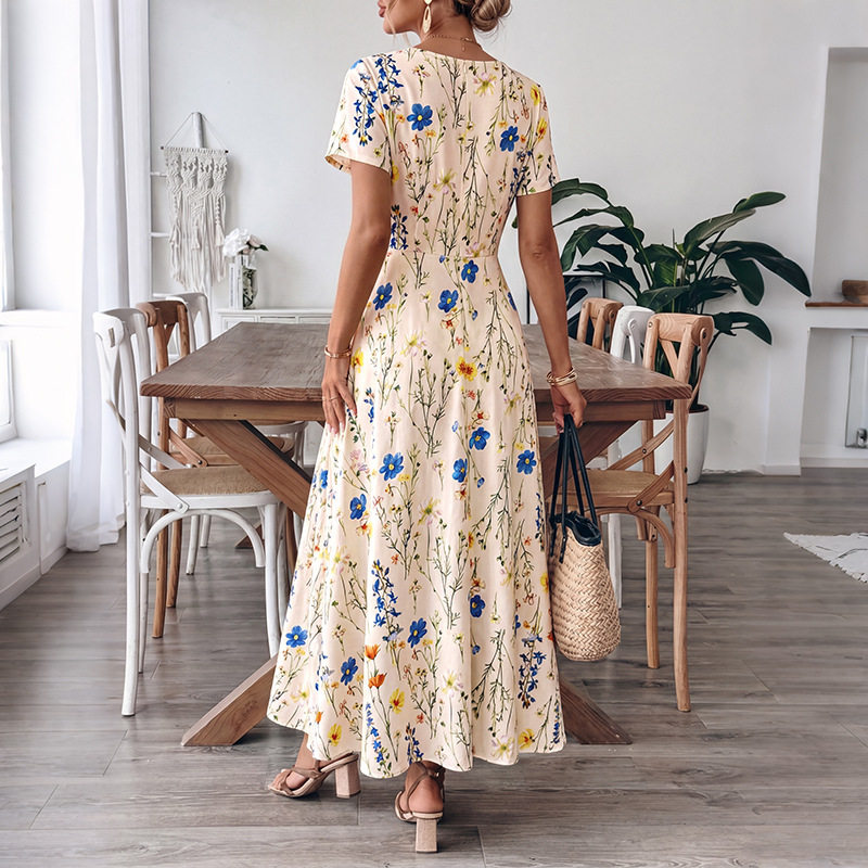 Floral Print Square Neck Short Sleeve Dress French Vacation Style Summer Collection Wholesale Available