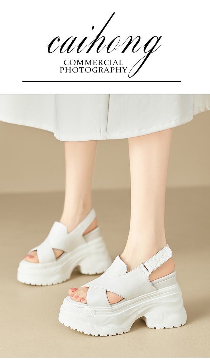 Sandal La Mã nữ quai ngang hở mũi đế dày tăng chiều cao, khóa dán tiện lợi — Màu đen, Màu trắng