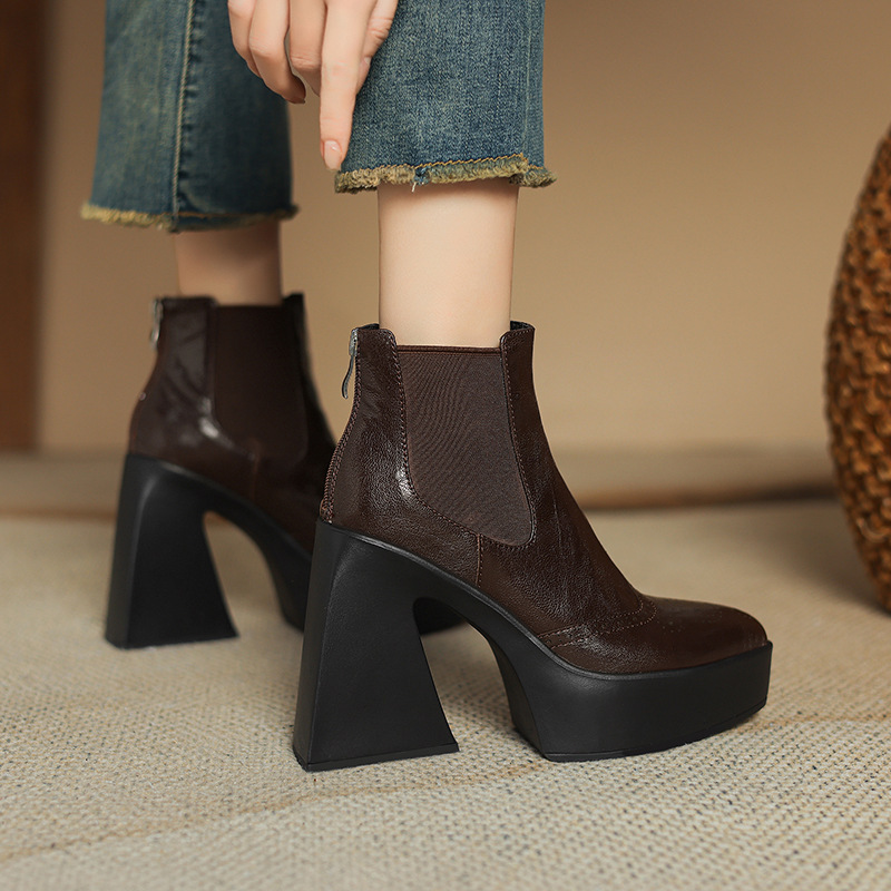 Boot nữ cổ thấp gót thô mũi nhọn phong cách Chelsea — Màu đen lót một lớp, Màu đen lót nhung, Màu nâu lót một lớp, Màu nâu lót nhung