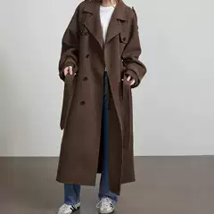 2025 Cross-Border Popular Women's Clothing Elegant Pure Color Lapel Long Coat Autumn and Winter Woolen Retro Outwear Commuter Outwear