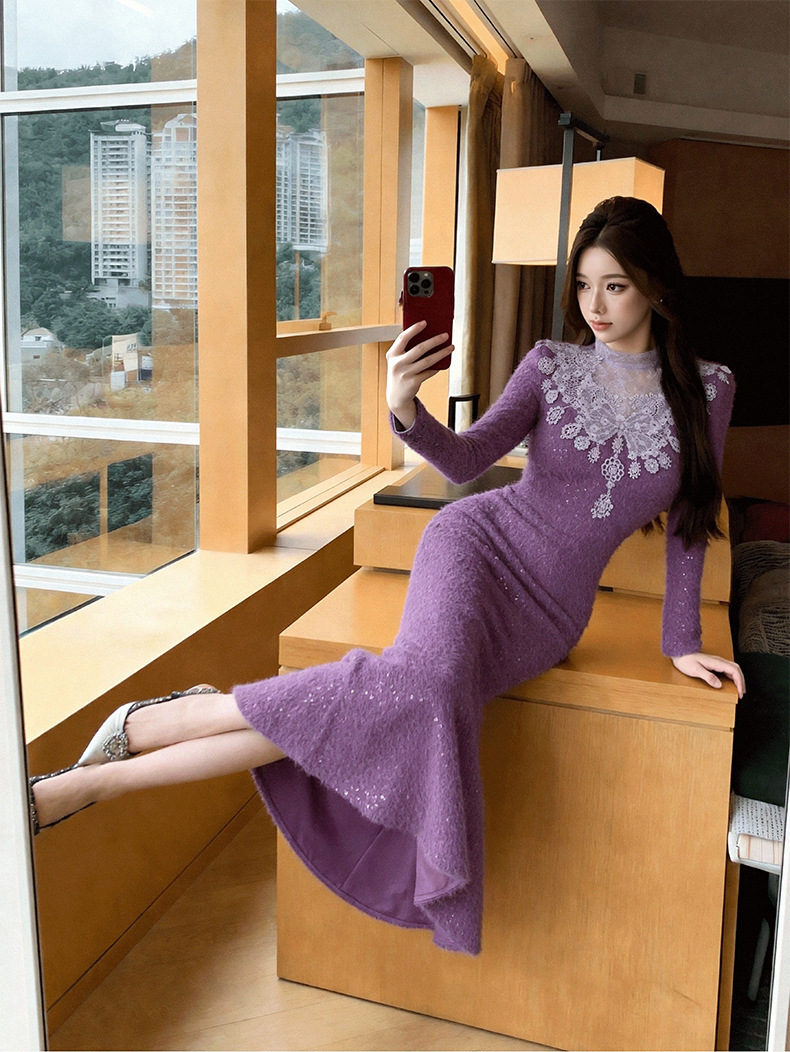 Đầm liền thân nữ cổ tròn phối ren ôm dáng đuôi cá dài — Màu tím