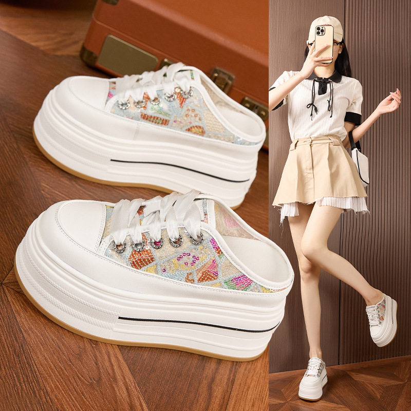 Sandal cao gót nữ hở mũi quai ngang đế dày, gót siêu cao 8 cm, phong cách thể thao — Trắng, Bạch kim