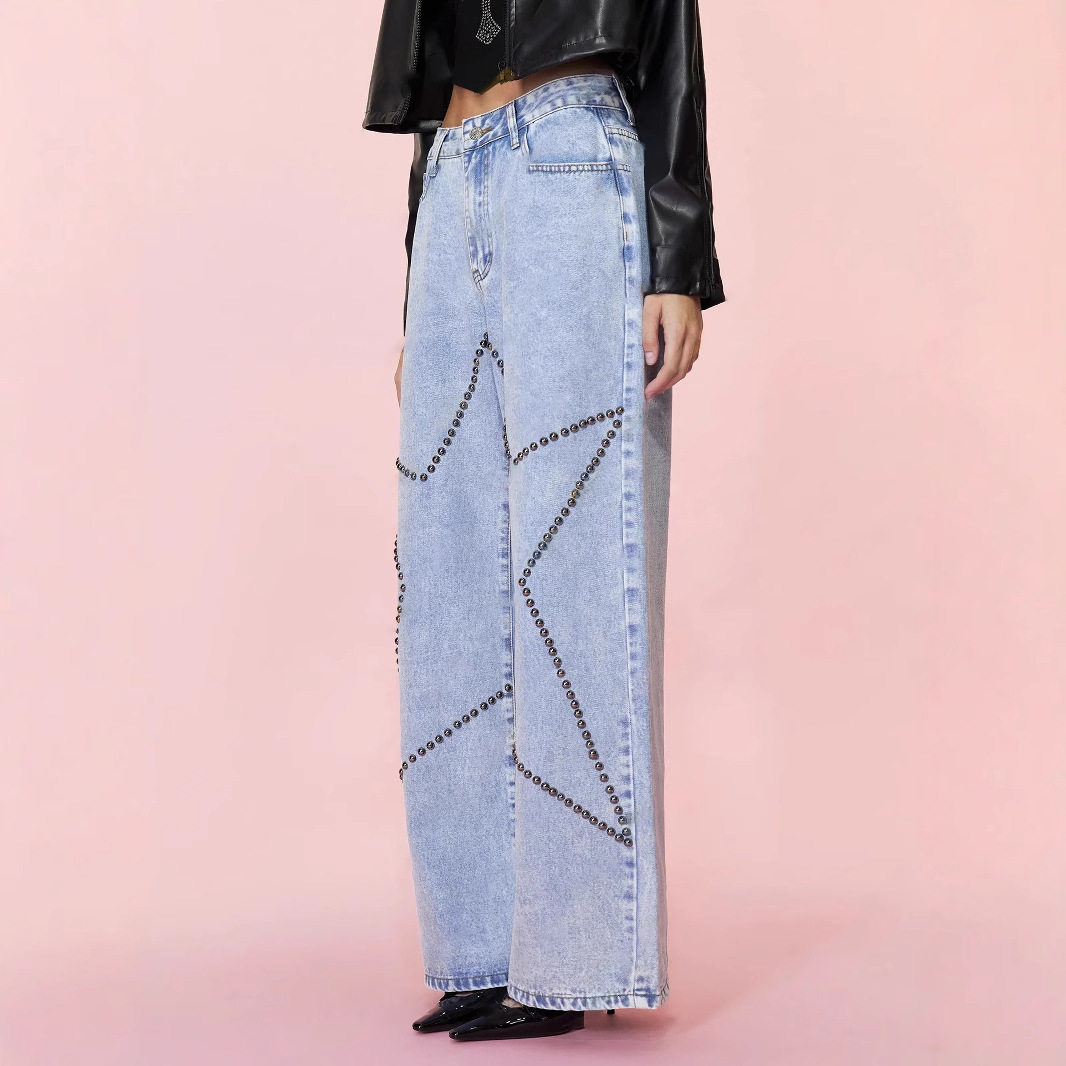 Loose Fit Vintage Beaded Denim Pants Womens Casual Style European and American Fashion Wholesale Available