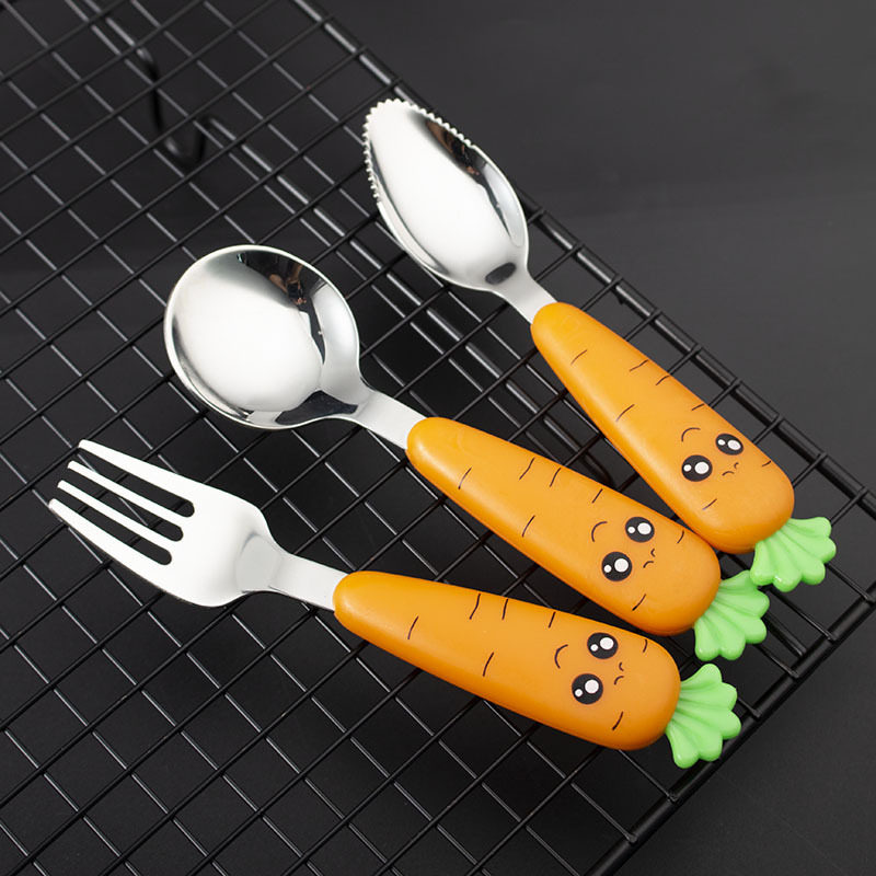 Food grade silicone 304 stainless steel baby spoon fork short handle baby children's tableware gift box suit gift home