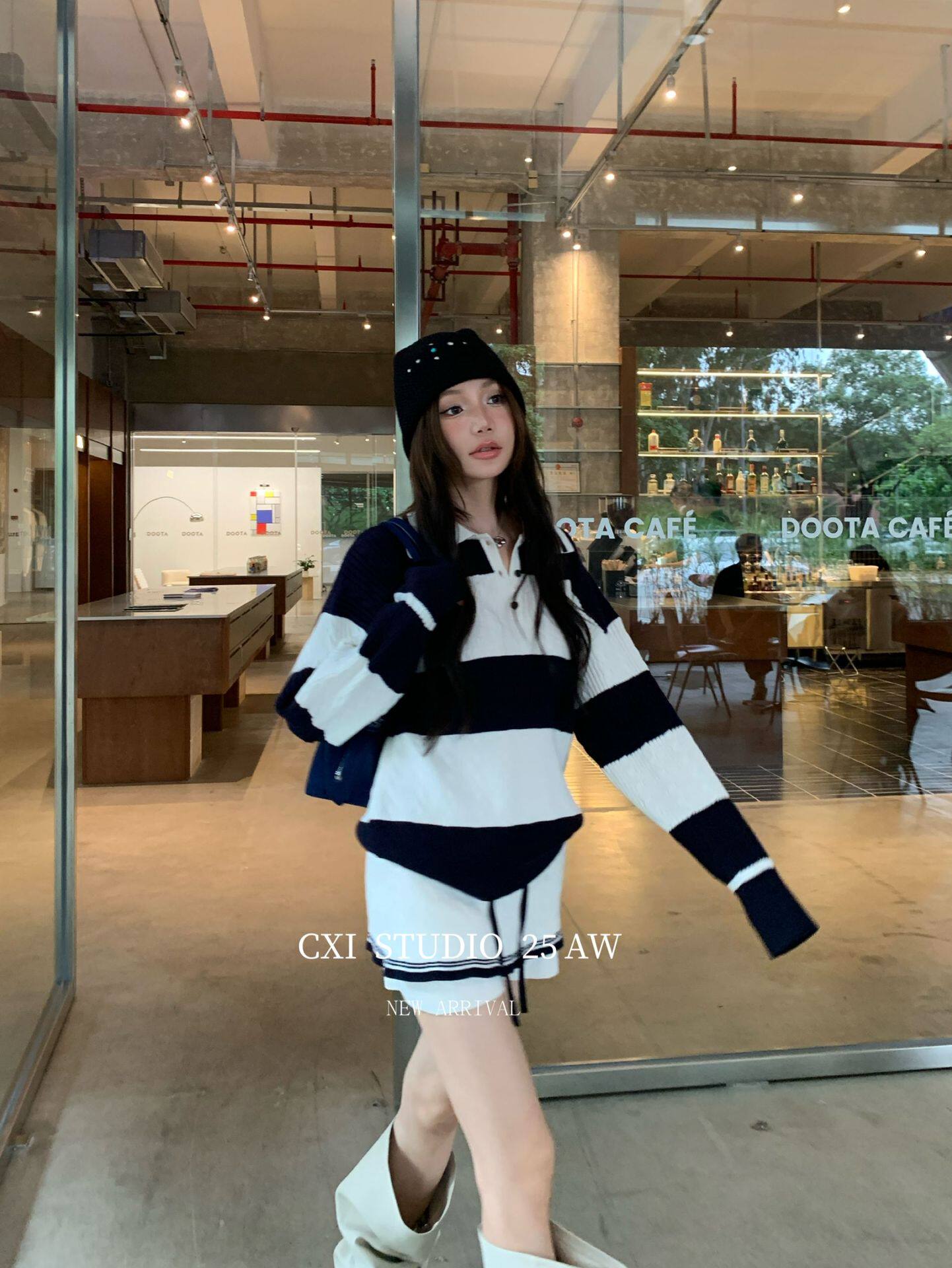 Cxi Contrast Color Stripe Lapel Knitted Sweater Suit Women's Autumn Korean Slim Fit Slimming Shorts Sweater Two-Piece Set