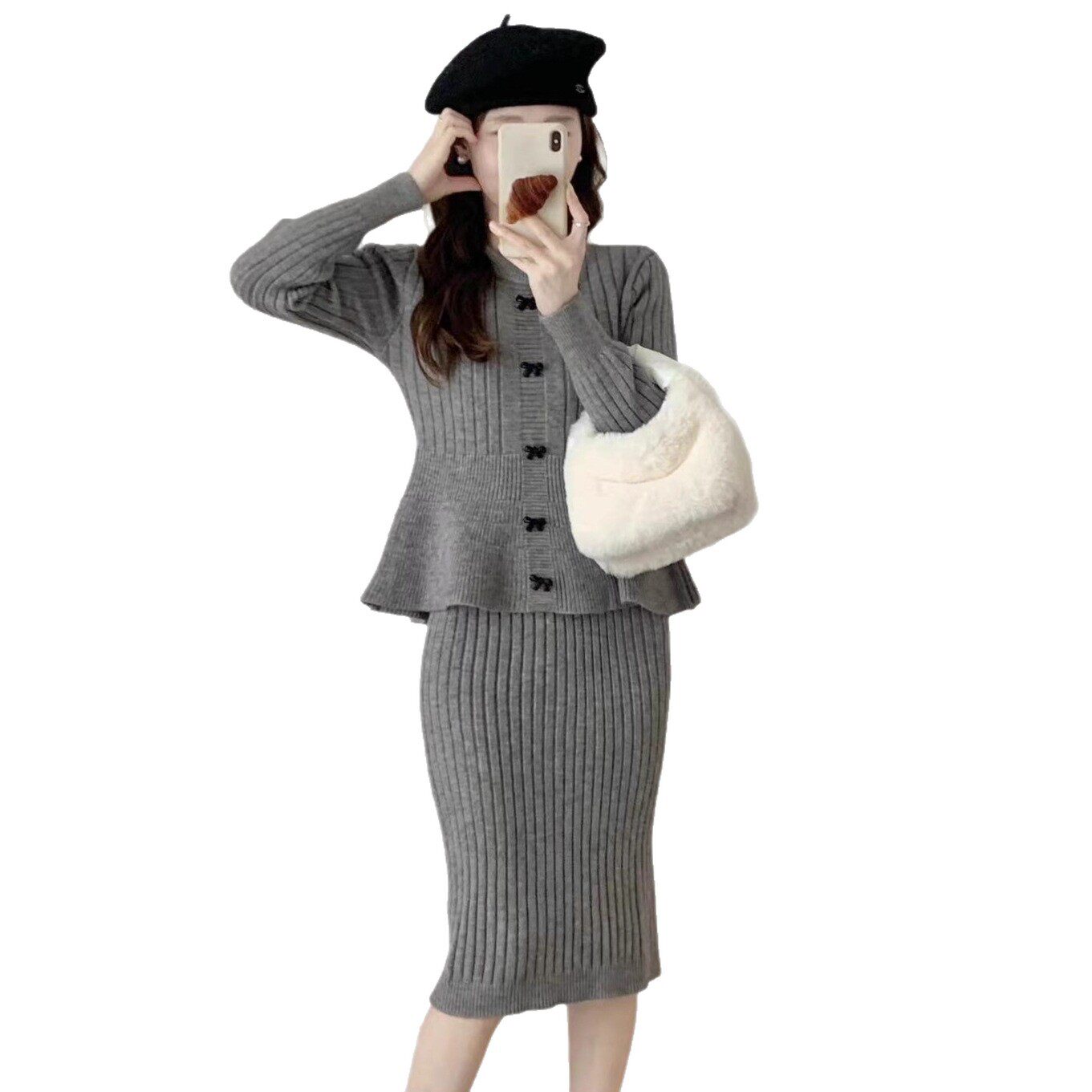 Autumn and Winter New Korean Style Fashionable Slimming Look Knitted Dress Suit Feminine Sweater Hip Skirt Two-Piece Set