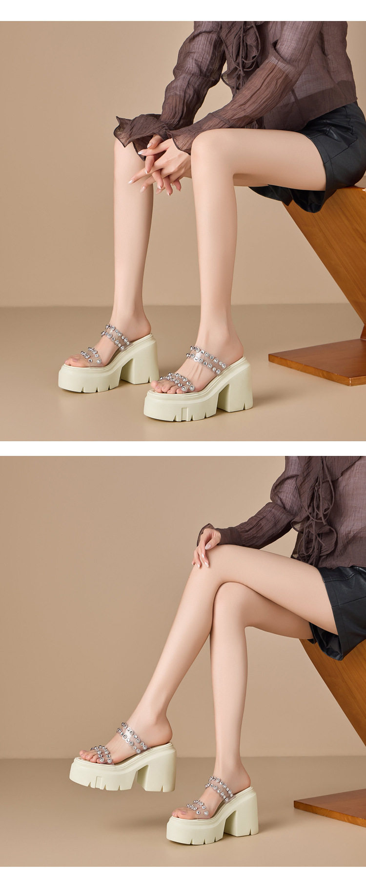 Sandal cao gót nữ đế dày 12 cm quai ngang đính đá, mũi hở, gót vuông — [Trắng kem], [Vàng nhạt] chi tiết 4