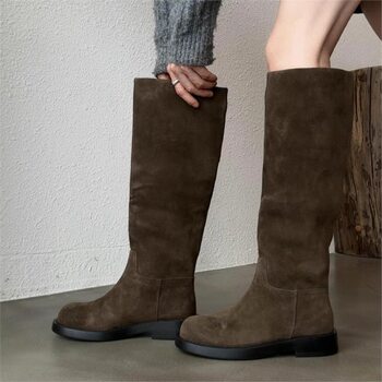 Sheepskin Version ~ Korean Version 2025 Autumn and Winter New Retro Versatile Wide-Leg Western Boots for Women Genuine Leather Suede Boots
