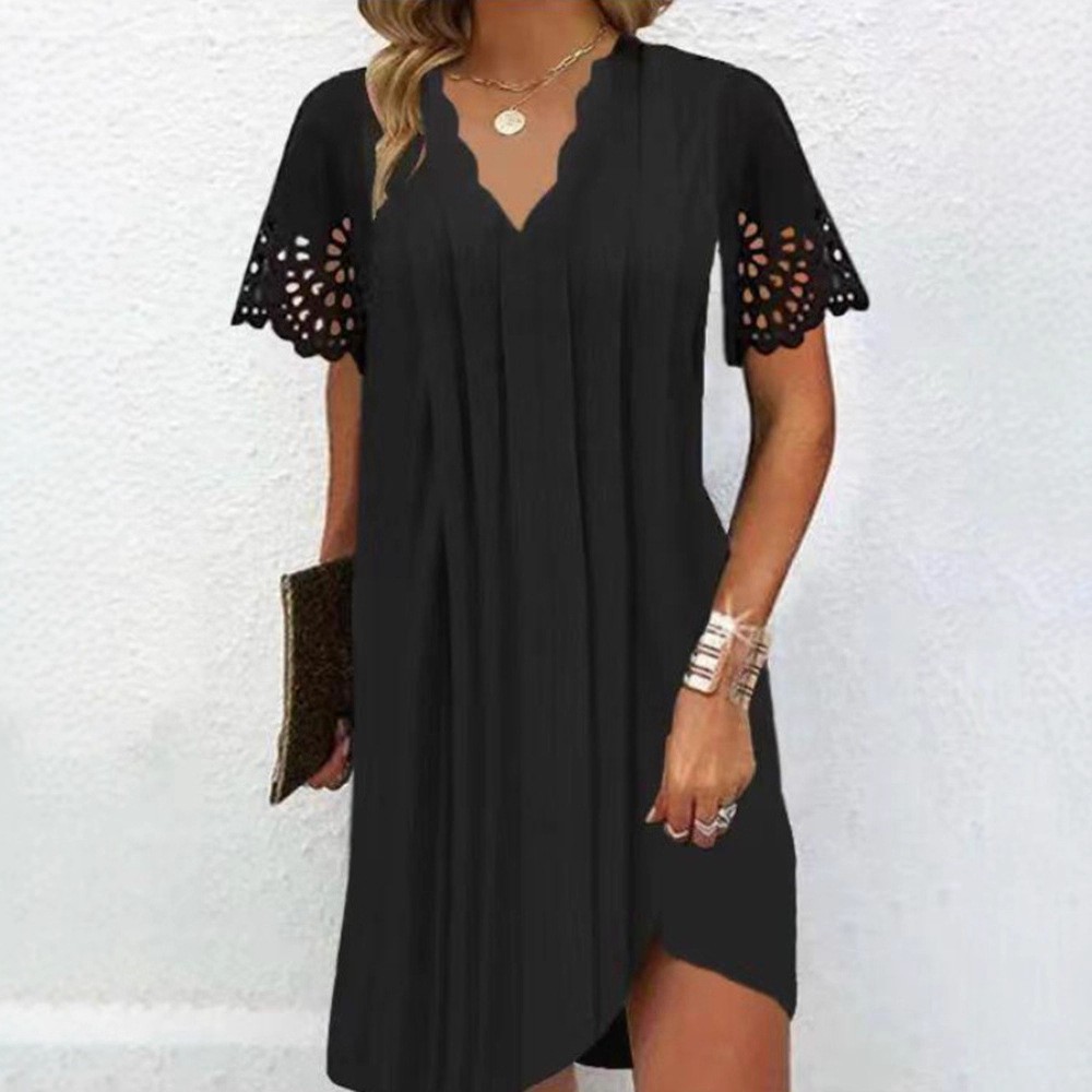 Elegant Hollow Wave Collar Short Sleeve Dress Solid Color Summer Style Perfect for Casual or Formal Occasions