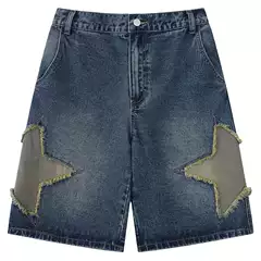 Yprs Men's American Street Hip-Hop Retro National Fashion Brand Star Patch Jeans Men's Summer Short Loose
