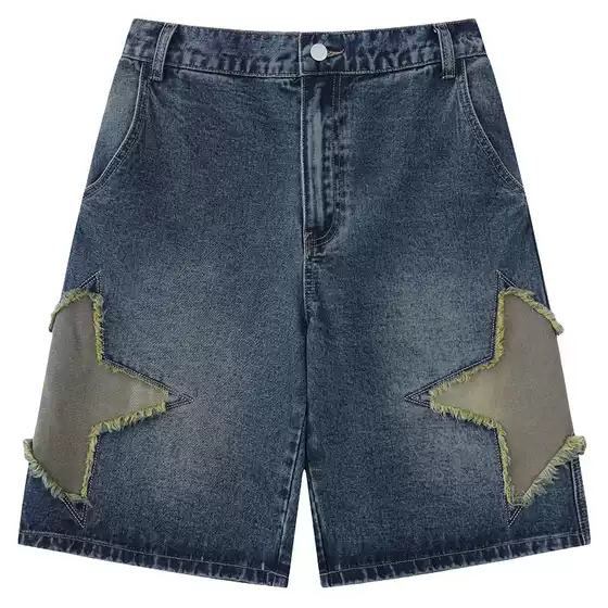 Yprs Men's American Street Hip-Hop Retro National Fashion Brand Star Patch Jeans Men's Summer Short Loose