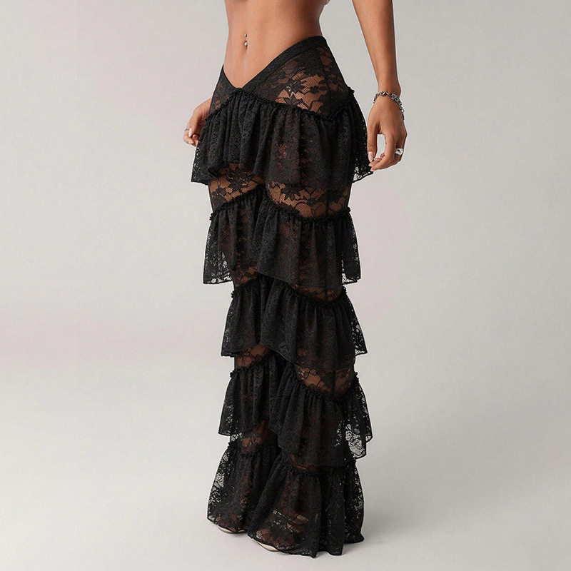 Womens Fashionable Ruffled Sheer Trousers Sexy Low Waist Design Elegant French Style for Autumn Wholesale Available