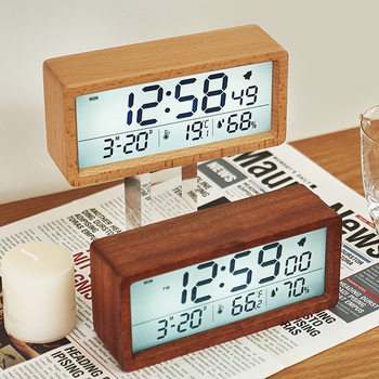 New Solid Wood Clock Simple Temperature and Humidity 1906 Clock Luminous Bedside Clock Large Screen Creative Wooden Alarm Clock