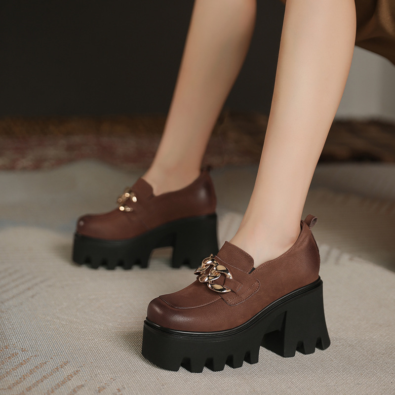 Giày Da Nữ Gót Vuông Tăng Chiều Cao Đế Cao Hàng Mùa Xuân Thu Đông Phục Cổ Cổ Điển