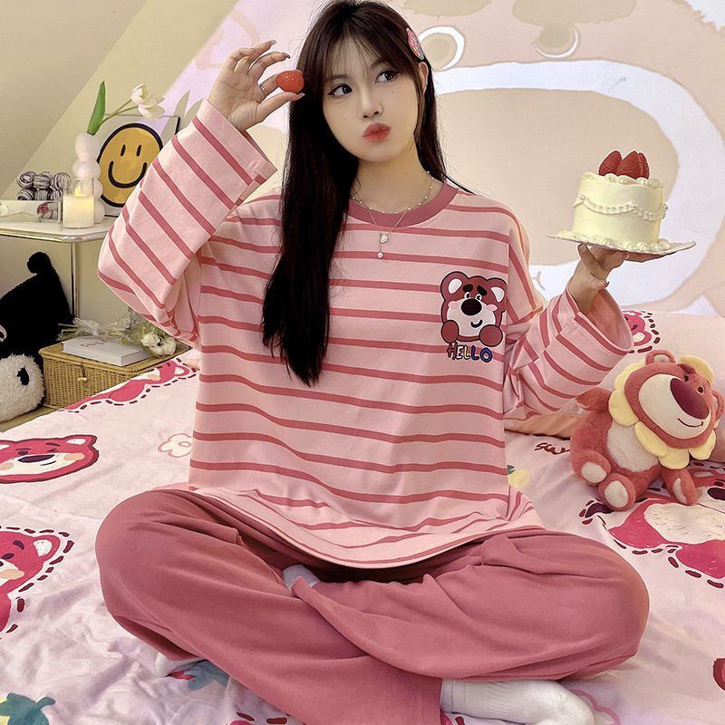大量批发睡衣女春秋款长袖秋冬季家居服女加大码简约宽松套装外穿