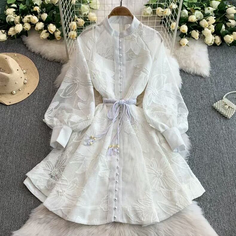 Elegant French Style Womens A Line Dress Lace Up Waist Hollow Embroidery Single Breasted Perfect for Formal
