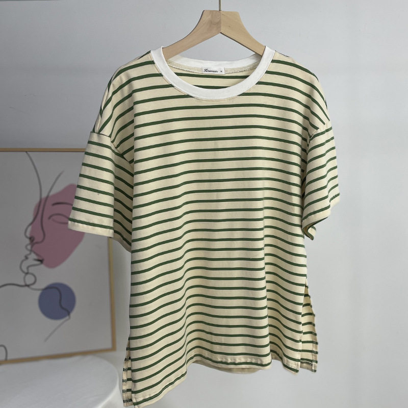 Striped Split Hem T Shirt for Women Loose Fit Short Sleeve Summer Style Casual Wear Wholesale Available