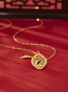 s925纯银镀黄金色新款胸有成竹珐琅项链女花丝镂空四叶草锁骨链子