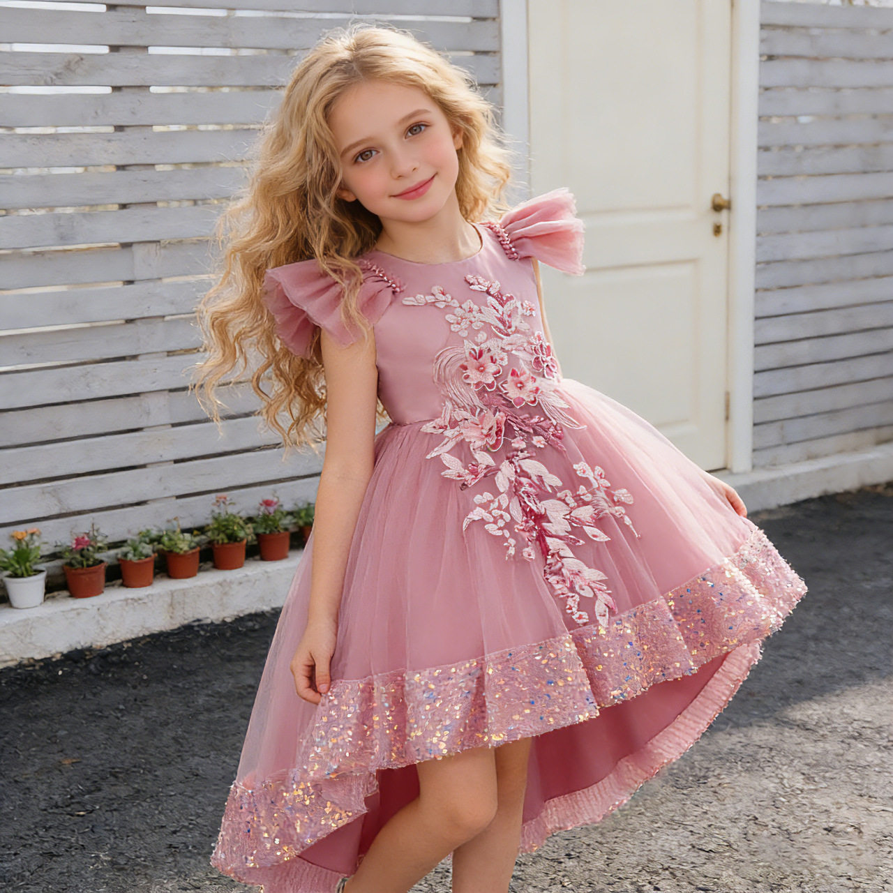 Girls Princess Dress Children's Mesh Sequin Trailing Dress Baby Birthday Party Piano Performance Costume