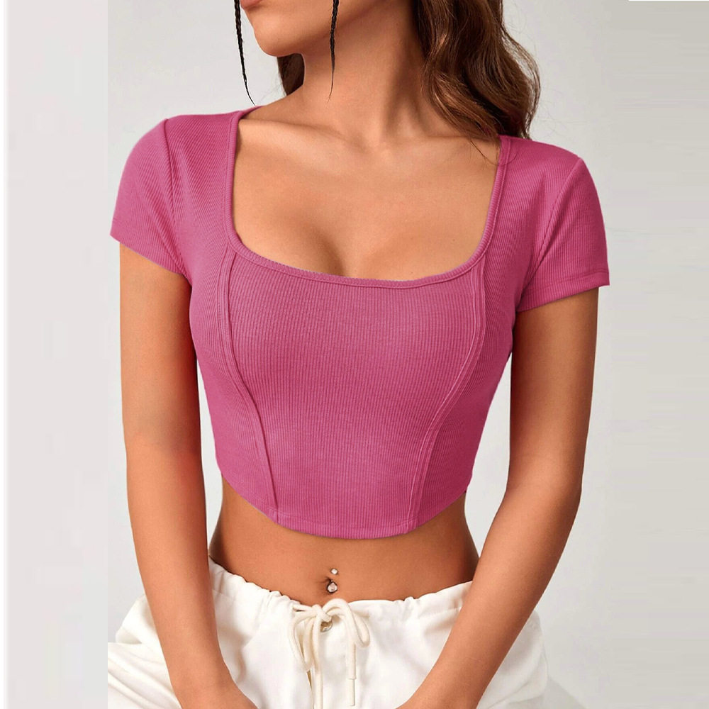 Irregular Square Neck Knit Short Sleeve T Shirt Slim Fit Short Length Stylish Design Casual Wear for Women OEM
