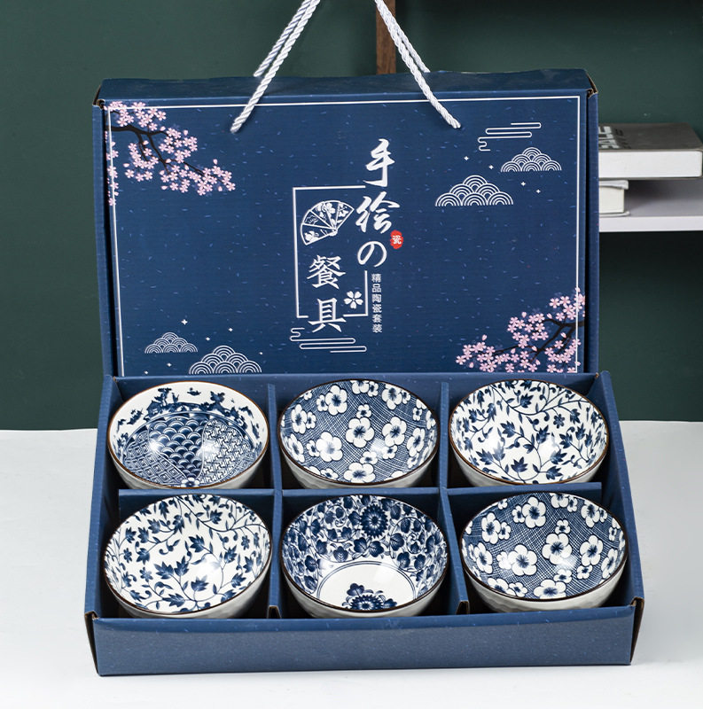 Japanese-Style Ceramic Bowl Set Blue and White Porcelain Tableware Gift Bowl Company Event Store Celebration Annual Meeting Souvenir Bowl and Chopstick Set