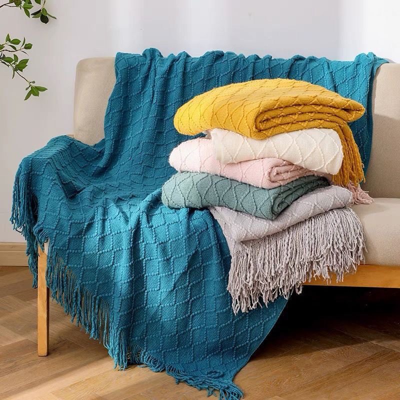 Nordic Retro Rhombus Wool Blanket Solid Color Knitted Blanket Bedside Blanket Bed Sofa Blanket Towel Bedside Towel