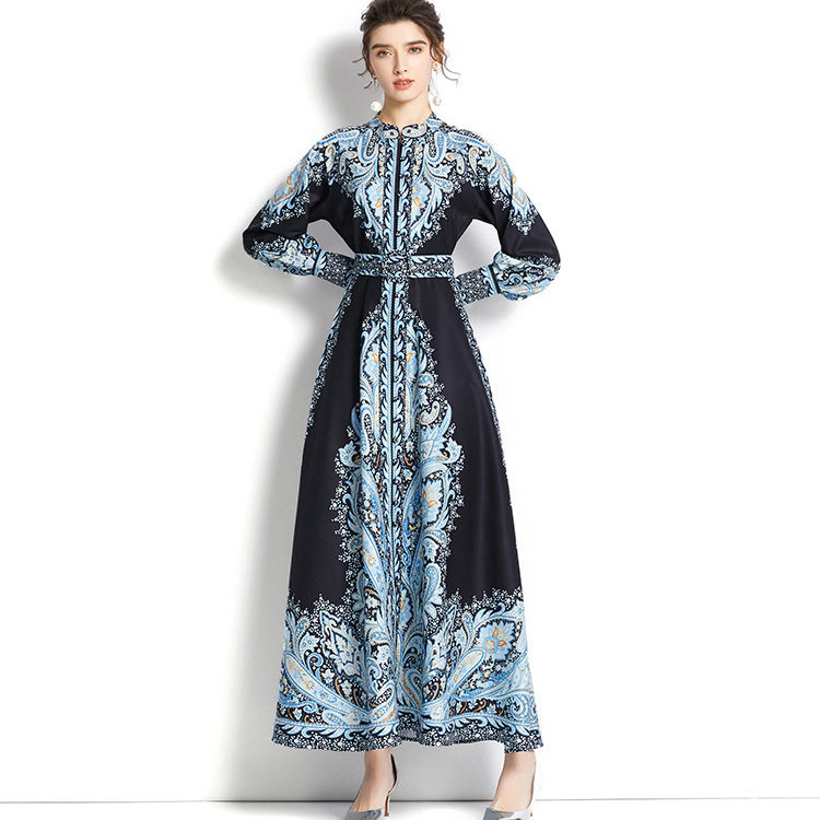 Vintage Floral Print A Line Dress for Women Lantern Sleeves Lapel Collar Knee Length Button Closure Autumn and