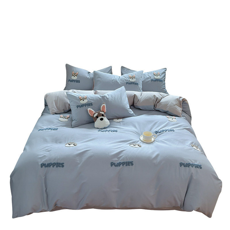 Blue Dog Towel Embroidered Cotton Bed Four-piece Set Cartoon Style Cotton Quilt Cover Children's Three-piece Set Wholesale
