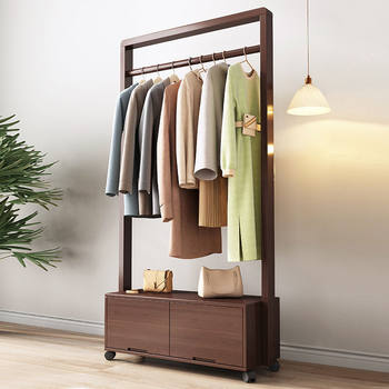 All Solid Wood Clothes Hanger Floor-Standing Bedroom Coat Rack Living Room Simple Modern Walnut Color Removable Clothes Hanger Storage