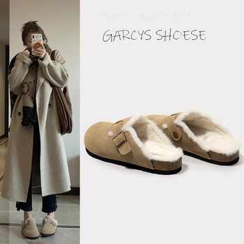 Birkenth Shoes 2024 Autumn and Winter Warm Cotton Shoes Mao Mao Shoes Women's fleece-lined Birkenth Flat Sandals Mao Melt Cotton Slippers