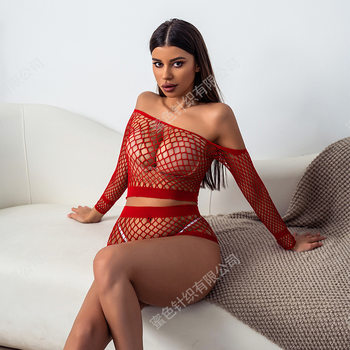 European and American Sexy Hot Open-crotch Uniform Fishing Net Hollow-out Sexy Underwear Long-sleeved Backless Bikini Split Two-piece Set