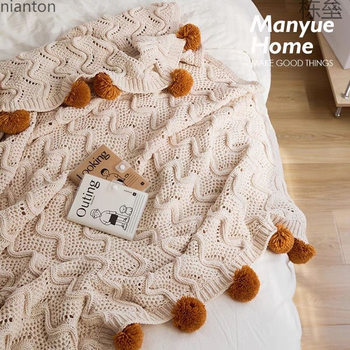 [4342 People Collected] Knitted Blanket, Fur Ball Bedside Towel, Knitted Cut Out Air-Conditioning Blanket, B&B Sofa Blanket