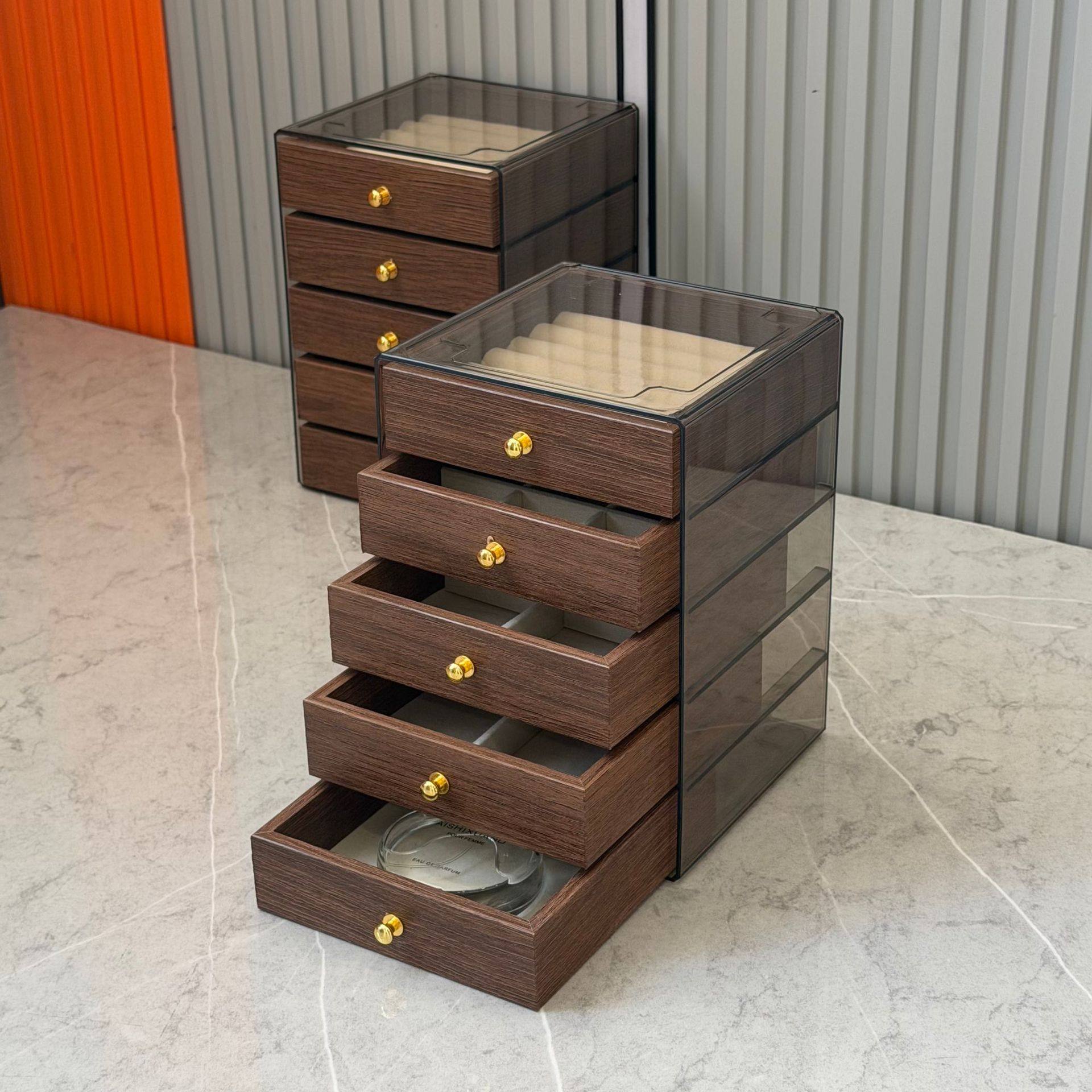 Five-Layer Large-Capacity Jewelry Box Walnut Wood Grain Anti-Oxidation Ring Bracelet Earrings Storage Box Drawer-Type Storage