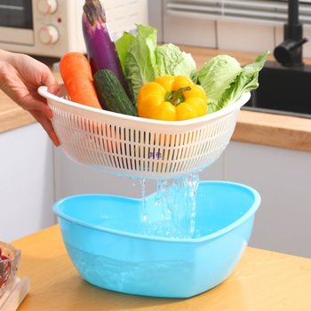 Double-Layer Fruit and Vegetable Drain Basket Plastic Fruit Basin Vegetable Washing Basket Kitchen Living Room Home Vegetable Washing Basin Complete Set