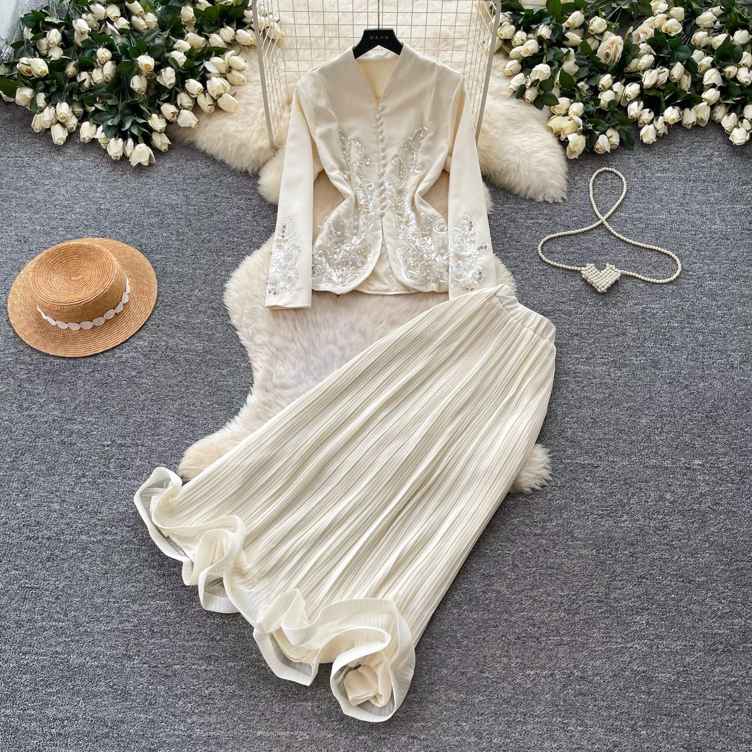 French Style V Neck Embroidered Jacket with High Waisted Pleated Skirt Elegant Lightweight Two Piece Set for Spring and