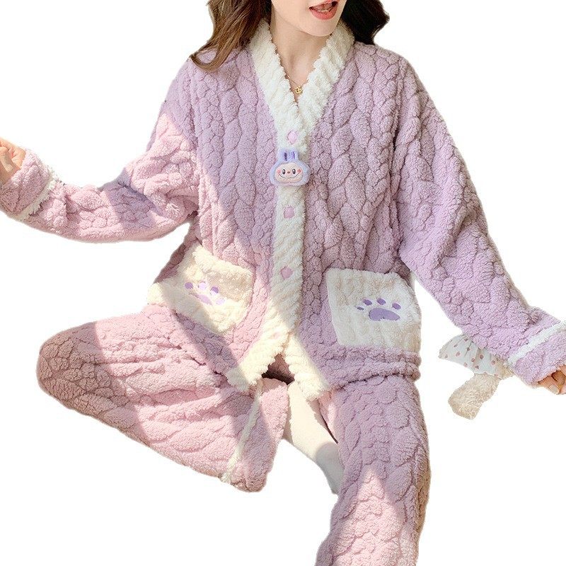 Coral Fleece Maternity Pajamas for Winter Nursing Postpartum, Spring and Autumn Style, Thickened Maternity Loungewear for Winter