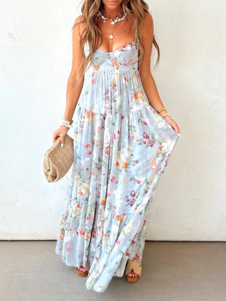 Sleeveless Backless Floral Maxi Dress Elegant Design Summer Style Lightweight Fabric Wholesale Available