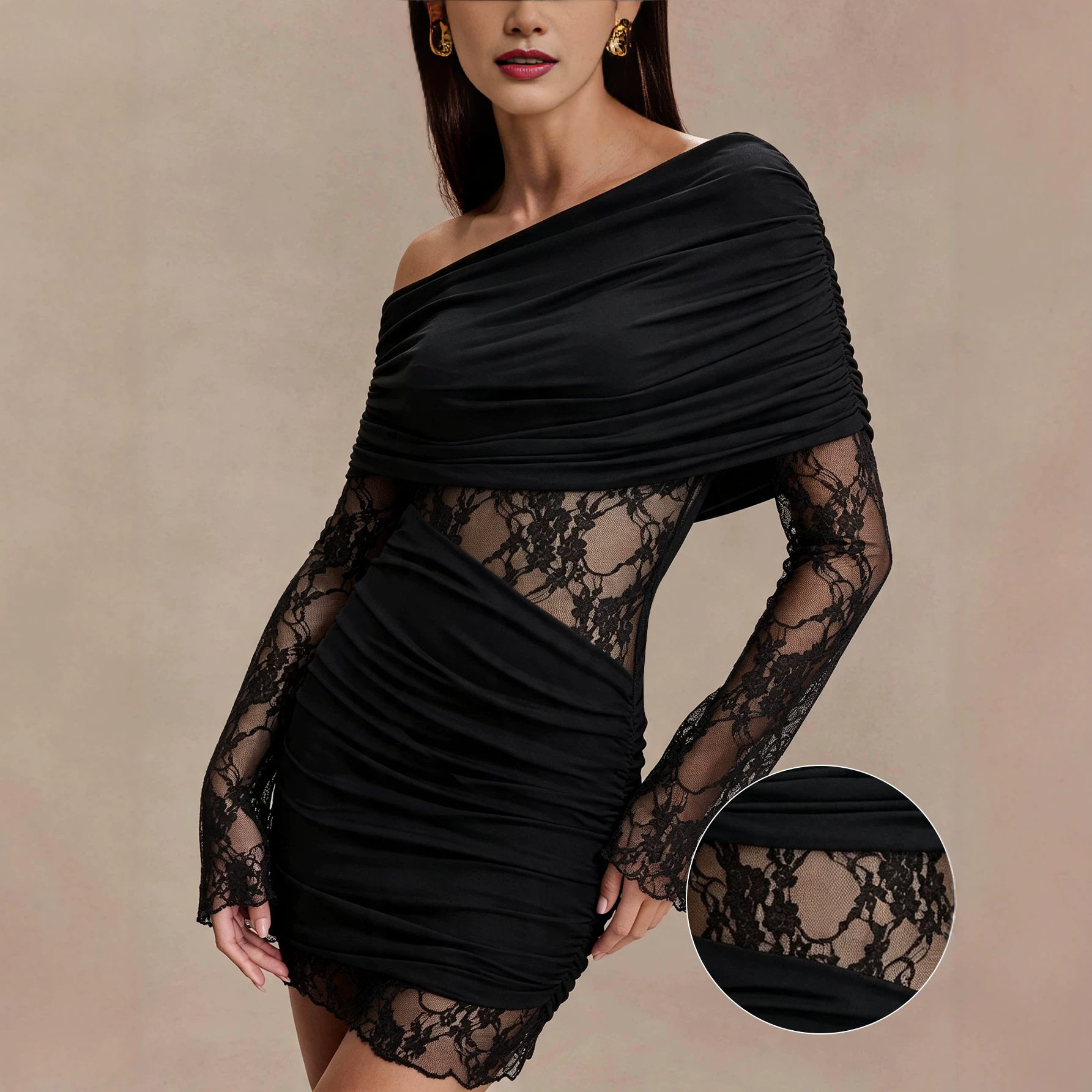 Asymmetrical Long Sleeve Bodycon Dress Lace Paneling Slim Fit Sexy Style Perfect for Parties and Night Out
