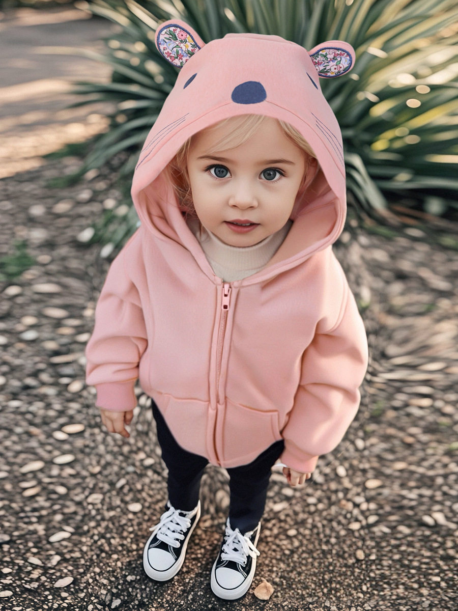[Style] Kids' Hoodie, Autumn Fleece-lined Solid Color Jacket, Cute Hooded Baby Top