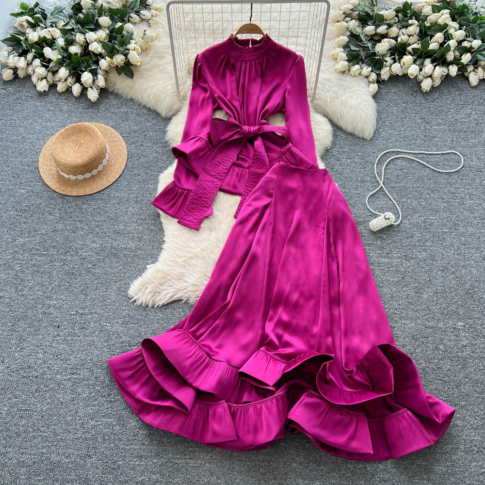 Womens Satin Long Sleeve Top with Tie Waist High Waist Flared Ruffle Hem Skirt Elegant Fall Two Piece Set Wholesale