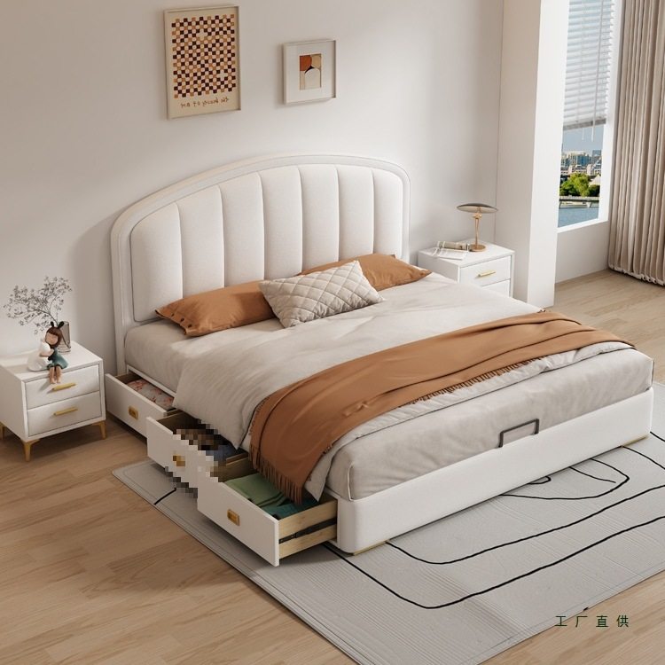 Cream-Style Genuine Leather Bed, Light Luxury Master Bedroom, 1.8m Double Storage Bed, Modern Simple Small Apartment, 1.5m Solid Wood Wedding Bed