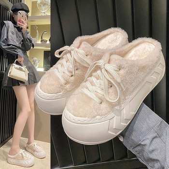Furry Slippers for Women, White 2025 Autumn and Winter New Thick-Soled Platform Shoes, Height-Increasing Shoes, Cotton Slippers