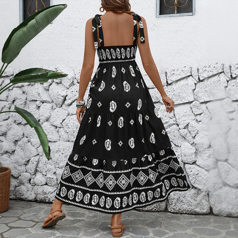Casual Beach Vacation Maxi Dress Slim Fit Bohemian Print Spaghetti Straps Summer Wear Wholesale Available