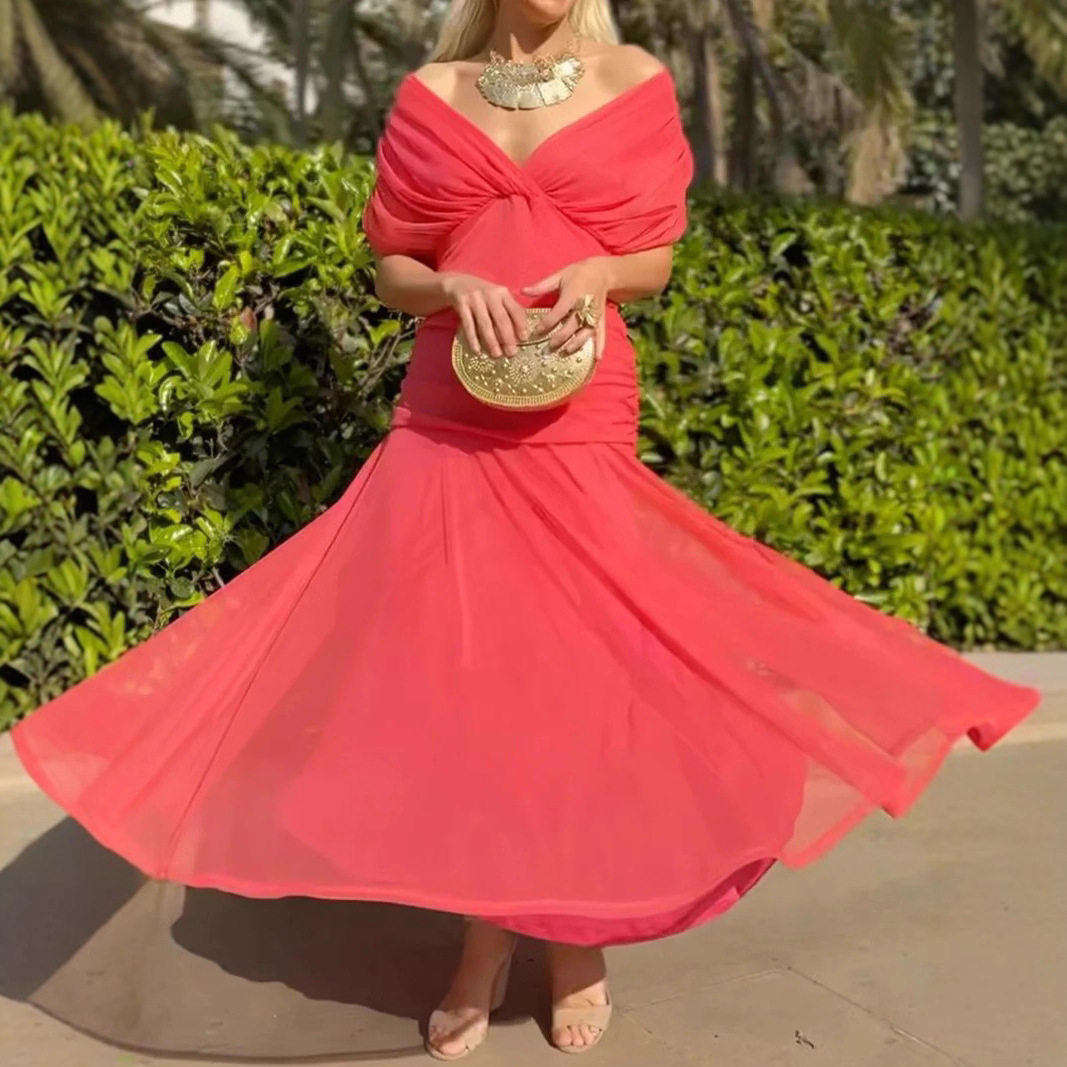 Elegant Womens Solid Color Deep V Neck Mesh Dress Waist Defined Autumn Style Wholesale Available
