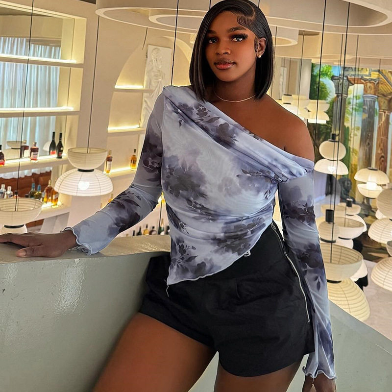 Tie Dye Off Shoulder Long Sleeve T Shirt Irregular Print Trendy Design Casual Style Wholesale Available