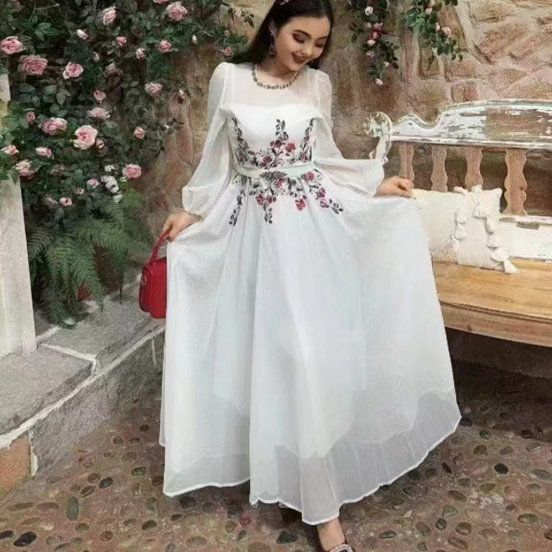 Embroidered Mesh Long Sleeve Dress Beaded Detail Elegant Style Autumn Fashion Wholesale Available