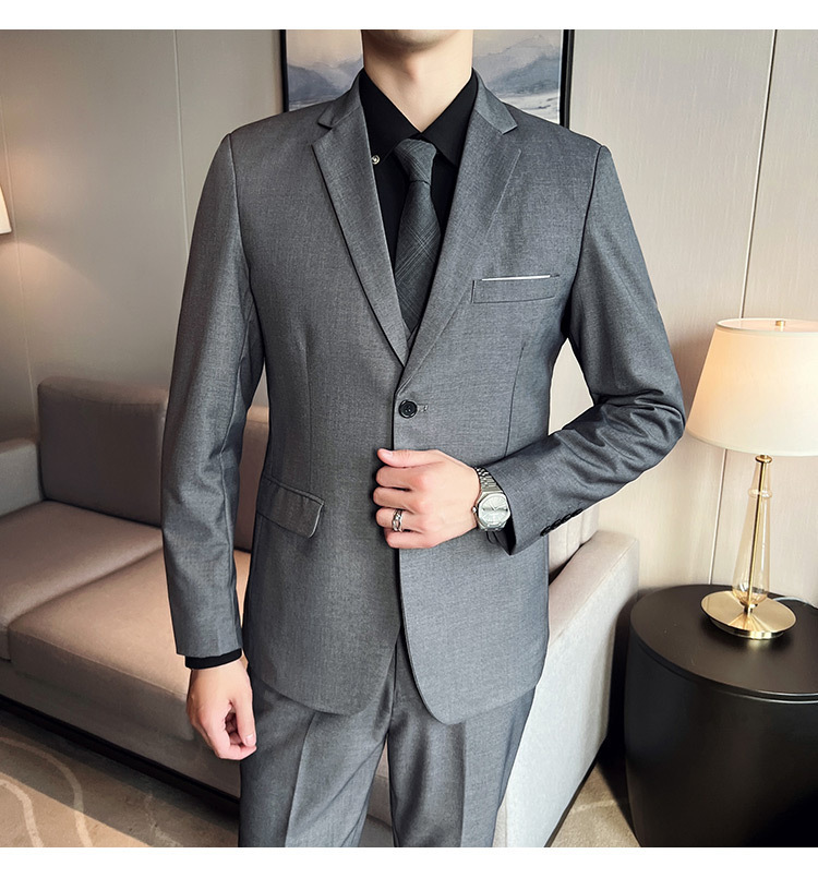 Bộ vest nam ôm dáng ba món phong cách công sở và dự tiệc cưới — Màu xám (áo một nút + áo vest + quần), Màu xanh navy (áo một nút + vest + quần), Màu xám (áo một nút + quần), Màu xám (áo đơn một nút)