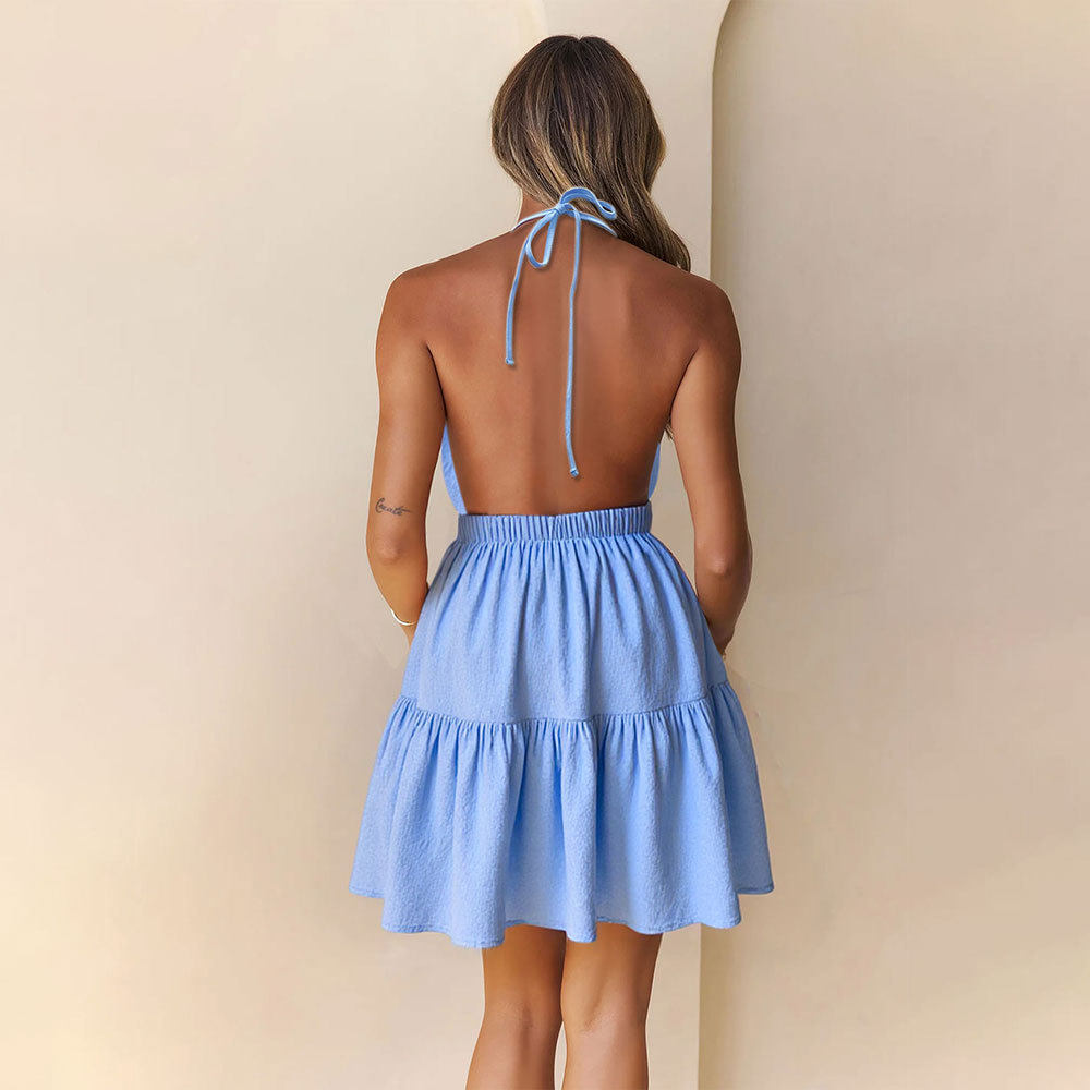 Summer Womens French Style Sexy Backless Dress Halter Neck Sweet A Line Silhouette Lightweight Fabric Perfect for
